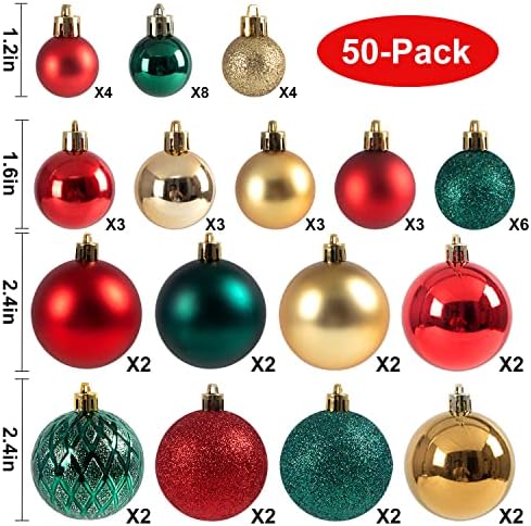 קישוטי עץ חג המולד, 50 יח 'קישוטי כדור חג המולד מכוונים כדור זהב ירוק אדום חג המולד מתנפץ אטום