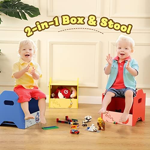 קופסת צעצוע מעץ הניתנת לערימה עם מכסה, חזה צעצוע 2 ב -1 ושרפרף, חזה צעצוע צבעוני לעיצוב פירות לבנים / בנות, פחי