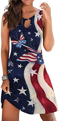 4 ביולי שמלה לנשים קיץ שמלת טנק מזדמן דגל אמריקאי ללא שרוולים צווארון חור מנעול כוכבים פסים שמלות קיץ