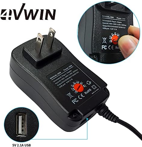 מתאם אספקת חשמל אוניברסלית 4VWIN - 120V AC עד 3-12V DC, 30W מקסימום עם 8 תקעים כולל מיקרו USB - אידיאלי לאלקטרוניקה,
