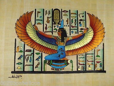 אותנטי מקורי מצרי מקורי ציור ציור נייר פפירוס פרעה עתיק 8 x12 אלת איזיס כנפיים באלף -בית עתיק היסטוריה