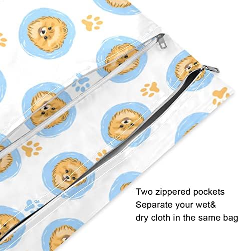 ZZXXB POMERANIAN DOG PAW הדפס שקית רטובה אטומה למים חיתול בד לשימוש חוזר תיק יבש רטוב עם כיס רוכסן לטיול בריכת