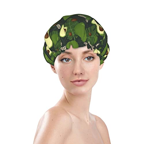 כובעי מקלחת אבוקדו לנשים אטומות למים - לשימוש חוזר, מתכוונן וכפול מכסה שיער אמבטיה עם שכבות עם שולי אלסטי