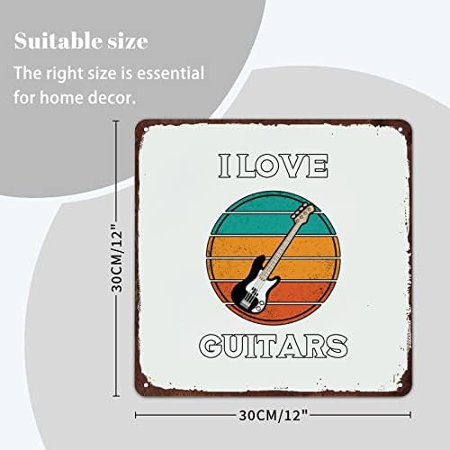 Mousus I Love Guitar Retro שלט מטאל, שלט פח של לוח הגיטרה, שלט כלי נגינה למשרד בית כיתת קיר כיתה, ריבוע 12x12