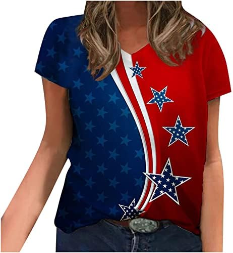 חולצות פטריוטיות בארהב לנשים 4 ביולי אופנה כוכבי דגל אמריקאים פסים מודפסים חולצת טי שרוול קצר של