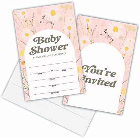 25 הזמנות למקלחת לתינוקות עם מעטפות-חיננית רטרו, נושא פרחי בר-מילוי דו צדדי מזמין לחשיפה מגדרית לתינוקות,