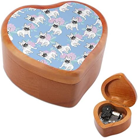 בולדוג צרפתי חמוד קופסא מוזיקת ​​עץ קופסאות לב צורה קופסאות מוזיקליות קופסאות עץ וינטג 'למתנה
