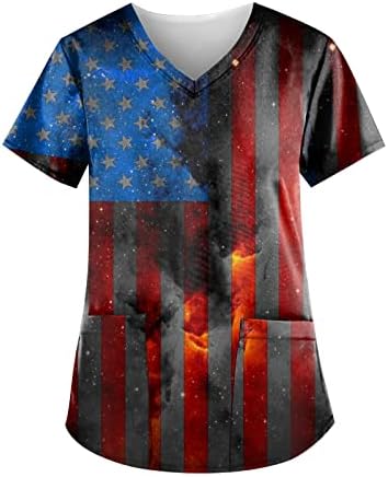 חולצת טי 4 ביולי לנשים דגל אמריקאי דגל אמריקאי שרוול קצר של שרוול v-צווארון עם צווארון עם 2 כיסים לבגדי עבודה