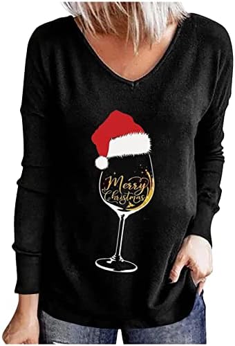 החג שמח חולצות לנשים שרוול ארוך קרוע אדום יין זכוכית גרפי טי חולצות מקרית אימון צוואר חולצות