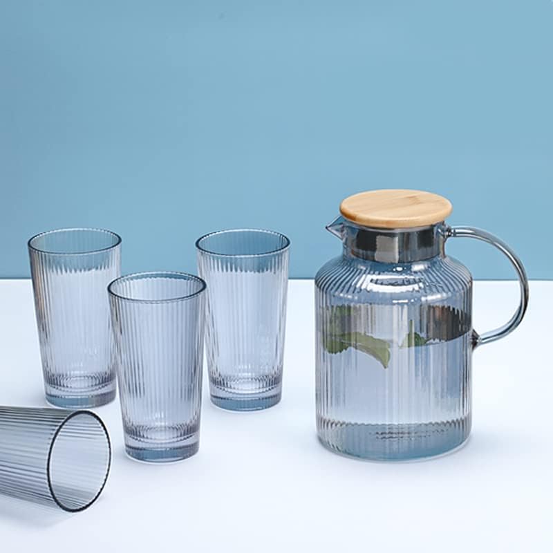 כלי שתייה זכוכית עם קומקום אחד ו -4 כוסות כוסות, פסים אנכיים קלאסיים, מכסה במבוק, כוס תה זכוכית ללא
