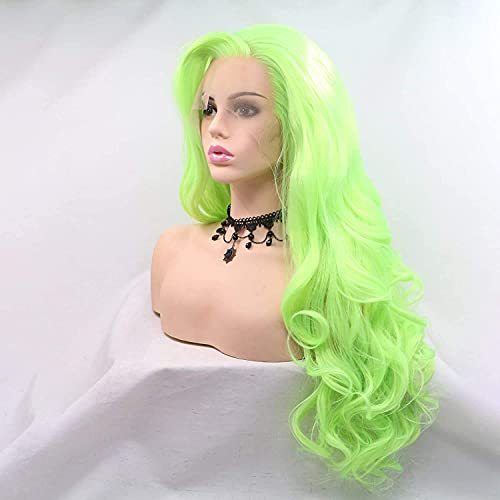 ניאון ירוק מתולתל אמיתי שיער פאה ניאון ירוק בעבודת יד סינטטי תחרה מול פאות עבור נשים ארוך גוף גל פסטל ירוק