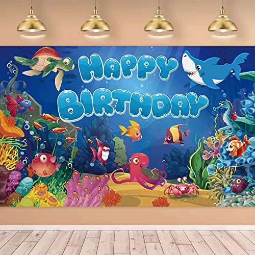 אוקיינוס יום הולדת שמח באנר, מתחת לים קישוטי יום הולדת למסיבת ילדים, נושא אוקיינוס דגים טרופיים רקע צילום