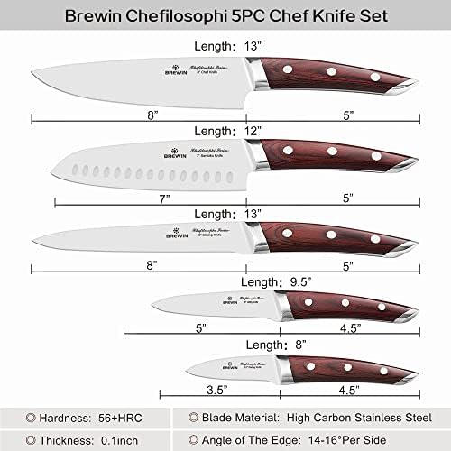 ברווין צ ' פילוסופי שף סכין סט 5 יחידות עם אלגנטי אדום פקקווד ידית ארגונומי עיצוב, מקצועי אולטרה חד