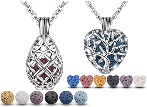 2 חבילות שרשראות שמן אתרי מפזר לנשים תכשיטים ארומתרפיה עם אבני סלע לבה, עץ לב של חיים ותליון