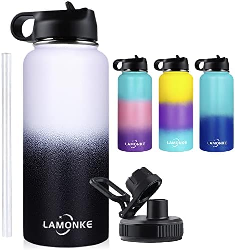 Lamonke 32oz ואקום מבודד בקבוק מים נירוסטה עם מכסי קש ומכסי זרבובית ופה רחב, קיר כפול BPA חינם