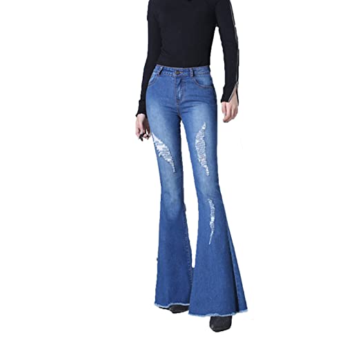 פעמון תחתון ג 'ינס לנשים קרע אמצע עלייה גלם מכפלת התלקח ז' אן הרזיה סקיני נהרס רחב רגל ג ' ינס