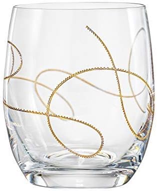 כוסות זכוכית, עם עיצוב מיתרי זהב, כוסות מיושנות כפולות, סט של 4 כוסות, מאת ברסקי, מיוצר באירופה, 14oz.