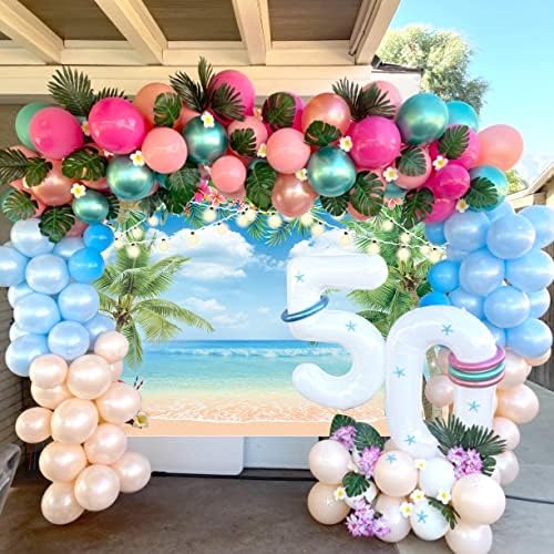 תפאורת חוף הוואי קיץ פרח טרופי כף היד אוקיינוס ​​חוף רקע רקע למסיבת הוואי אלוהא לואו פוטושוט טיקי קישוט