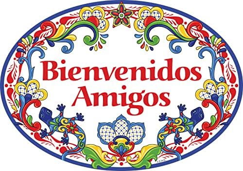 Bienvenidos Amigos יצירות אמנות מסורתיות בברכה חברים קרמיקה 11x8 אינץ 'שלט דלת כניסה ספרדית עם המוטיב