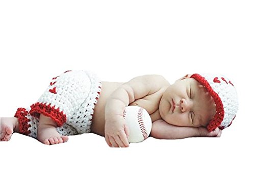 פינבו יילוד תינוק בני צילום נכס סרוג בייסבול כובע מכנסיים קצרים, לבן עם אדום,אחת גודל