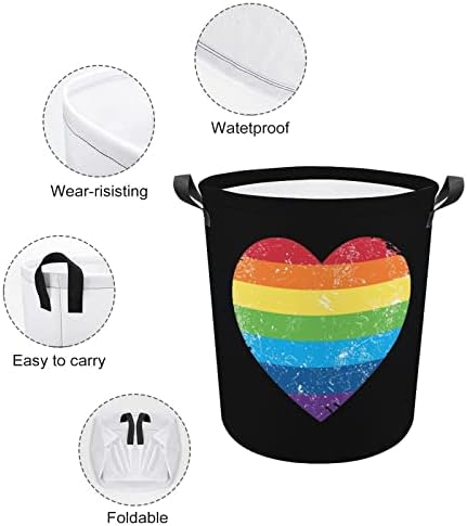 זכויות להומואים קשת רטרו לב דגל מודפס סלי כביסה עם ידיות עמיד למים מתקפל עגול בגדי צידניות שקית