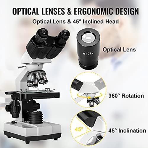 מיקרוסקופ תרכובת משקפת VEVOR, 40X-2500X הגדלה מיקרוסקופ מעבדה משקפת, WF10X & 25X עיניים עיניים