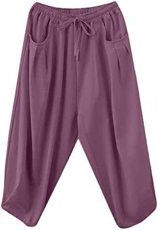 מכנסי טרנינג חמוד לנשים חדש רופף מוצק צבע כותנה ופשתן תחרה עד אלסטי מותניים מכנסי קז ' ואל לנשים