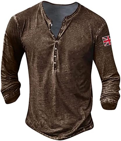 חולצת Henley Wenkomg1 לגברים, רגיל איחוד ג'ק בריטניה דפסה דגל מודפס שרוול ארוך שרוול ארוך רטרו