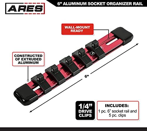 ARES 60062-1/4 אינץ 'כונן אדום 6 אינץ' מארגן שקעים-מארגן רכבת אלומיניום עד 5 שקעים ושומר על ארגון הכלים