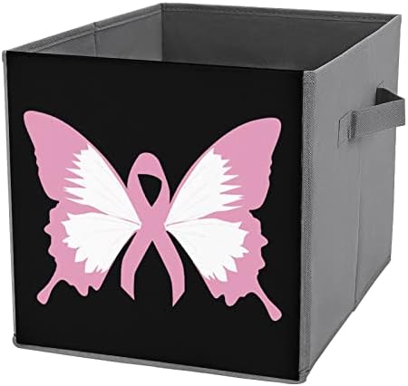 פרפרים לסרטן שד פחי אחסון מתקפלים קופסאות סלי בד הדפסה עם ידיות לצעצועי בגדים, 11x11x11
