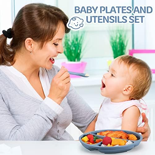 6 חבילה יניקה צלחות עבור תינוק עם כפית מזלג מחולק פעוט צלחת עם יניקה סיליקון תינוק עצמי האכלת