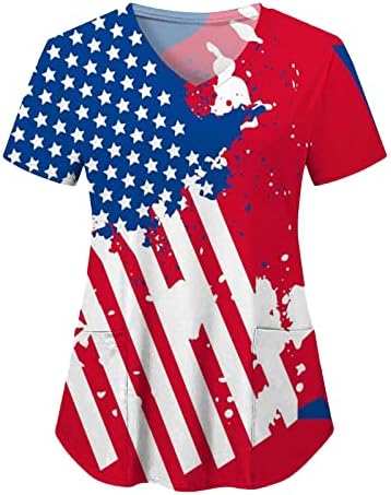 4 ביולי חולצת טי לנשים ארה ב דגל קיץ קצר שרוול צווארון חולצות עם 2 כיסים חולצות חג מזדמן בגדי עבודה