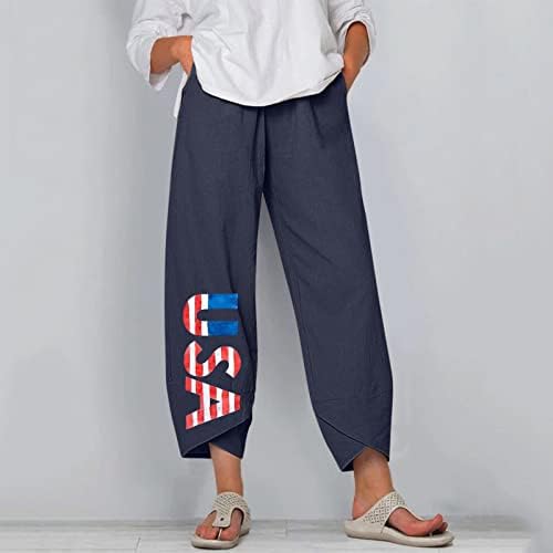 מכנסי פשתן כותנה 4 ביולי מכנסיים מזדמנים של נשים עם כיסים דגל אמריקאי מכנסי חוף נוחים מכנסיים ארוכים