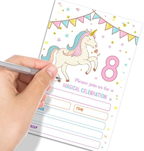 Qupt unicorn Party Handhipment Cards, כרטיסי הזמנות למסיבת יום הולדת 8, מלא את מסיבת יום ההולדת הריקה מזמין