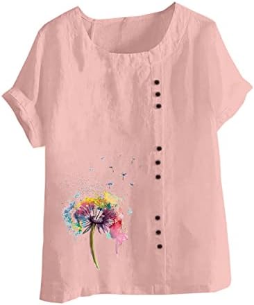 כותנה לנשים פשתן צווארון צווארון עגול חוף קיץ חולצות פרחים בתוספת עבודה בגודל חולצות הנלי חולצה