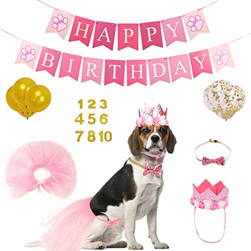 תחפושת למסיבת יום הולדת לכלב, 6 ציוד למסיבות Picecs כולל כובע פרחים בעבודת יד, קופץ נצנצני, חצאית טוטו, בלון,