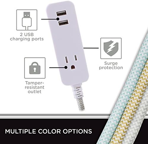 מעצב לבוש 1-אאוטלט 2-USB טעינה כבל הרחבה עם הגנה על מתח, חוט בד עיצוב קלוע אפור, 10 רגל, 2.4A יציאות