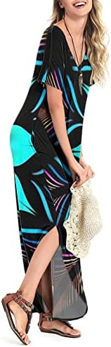 שמלת קיץ 2023 לנשים צוואר שרוול קצר צוואר הצוואר צבעוני להדפס צבעוני שמלה ארוכה חוף שמלת מקסי עם כיס