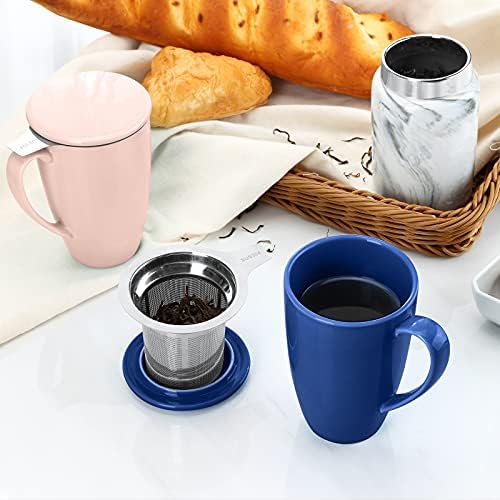 ספל תה פורצלן ידיו עם אינפוזיה ומכסה-כוס תה 15 אונקיה עם פילטר לתה, חלב, קפה, חליטות תה עלים רופפים, ורוד