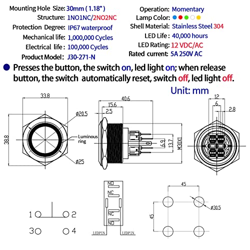 מתג כפתור כפתור רגעי 30 ממ עמיד למים גדול עם 12 וולט LED מפלדת אל חלד מתג התחלה 1.18 חור הרכבה עם שקע 2NO2NC