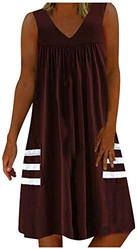 נשים טוניקות שמלת קיץ ישר טנקי שמלת בבאגי שרוולים הברך אורך פסים כיס עם צווארון מידי שמלה