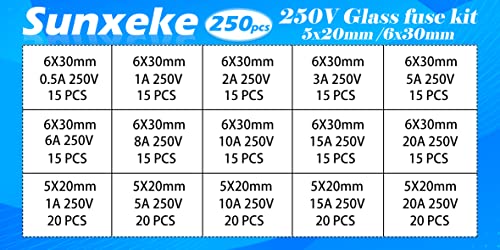 Sunxeke 250 pcs 250V נתיכים ערכת מגוון נתיך מזכוכית מהירה ו- N1-037