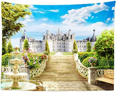 בלקו 7 * 5 רגל בד פנטזיה טירה גן רקע מדרגות לטירה גן מזרקת פרחי עצים כחול שמיים עננים לבנים