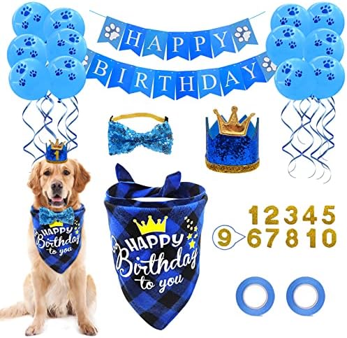 ציוד למסיבות יום הולדת לכלב, LMShowowo כלב יום הולדת בנדנה בנדנה, עם כובע יום הולדת לכלב אלסטי עניבת