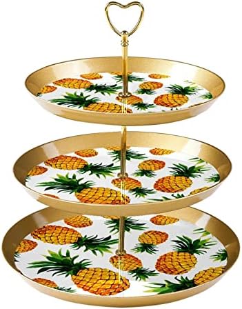 מחזיק קאפקייקס אננס לבן למאפה, 3 עוגת זהב פלסטיק שכבתית לשולחן קינוח, מדף תצוגת מגדל עץ הקאפקייקס מתלה מאפה