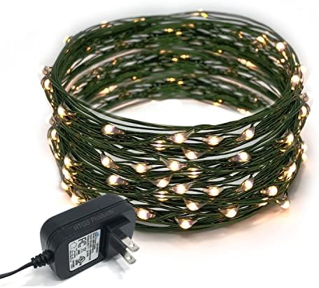 RTGS 100 אורות מחרוזת LED בצבע לבן חם מחברים פנימה חוט צבע ירוק 32 רגל לשימוש מקורה וחיצוני