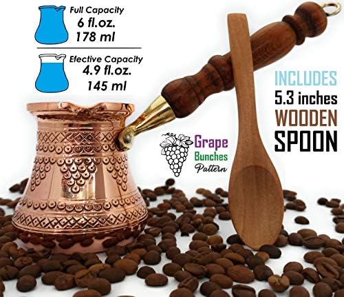 DEDE COPPER - סדרת PCZ - נחושת מוצקה עבה ביותר חרוטה/חותמת סיר קפה ערבי יווני טורקי עם ידית עץ, מכונת קפה כיריים