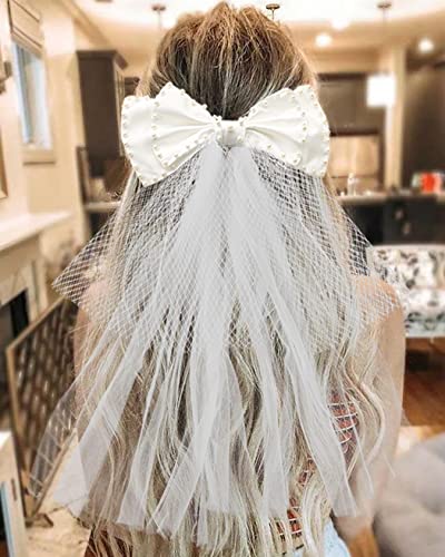 כלה שיער קשת צעיף פנינת חתונה שיער חתיכה לבן טול קשת עם קליפ מסיבת רווקות שיער אביזרי עבור נשים ובנות