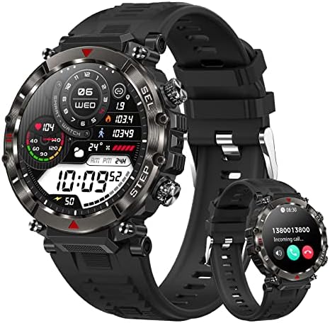 שעון חכם צבאי GetFitsoo לגברים, שעון שיחות בלוטות 'טקטי מחוספס, 1.39 HD חיצוני כושר גשש עם דופק,