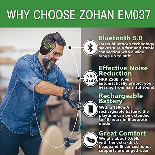 Zohan 033 Bluetooth 5.0 AM אוזניות רדיו FM, 25dB NRR הגנה על שמיעה על כיסוח מדשאה וזוהן EM037 הגנת שמיעה